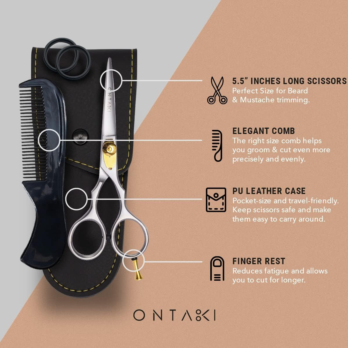 Beard & Mustache Scissors for Men - 5.5" Japanese Steel, Silver - Precision Sharp Blades, Ergonomic Finger Rest & Adjustable Tension Screw for Perfect Trimming - Beard Grooming Scissors