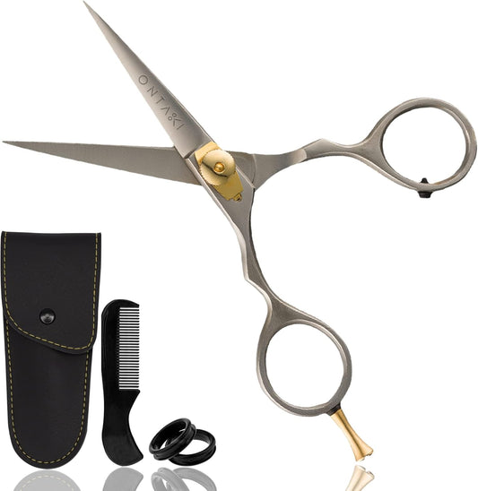 Beard & Mustache Scissors for Men - 5.5" Japanese Steel, Silver - Precision Sharp Blades, Ergonomic Finger Rest & Adjustable Tension Screw for Perfect Trimming - Beard Grooming Scissors